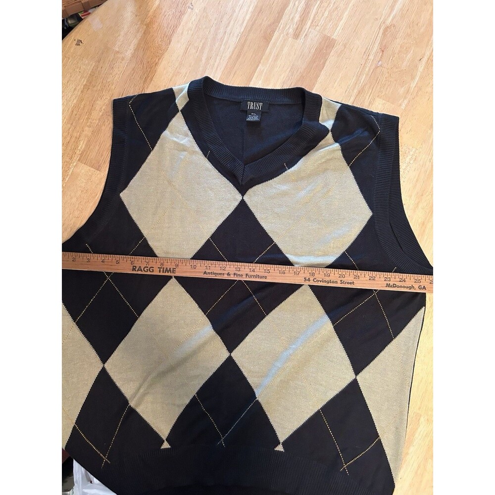 Trust 2XL Black Argyle Sweater Vest V Neck Preppy Golf Grandpa Core Knit Top - Picture 8 of 13